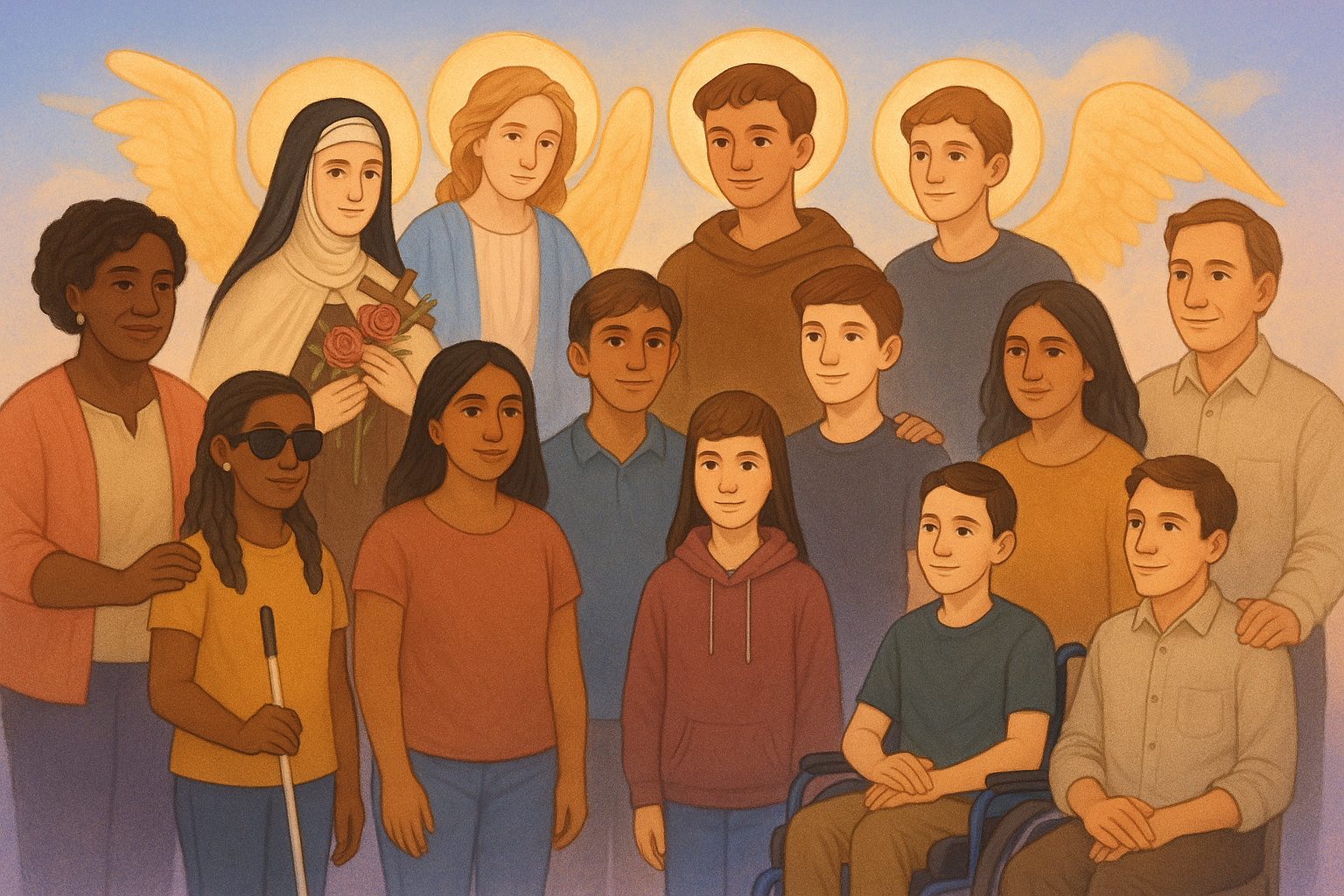 Diverse community of support - loving adults, teens, people with disabilities, saints and angels together
